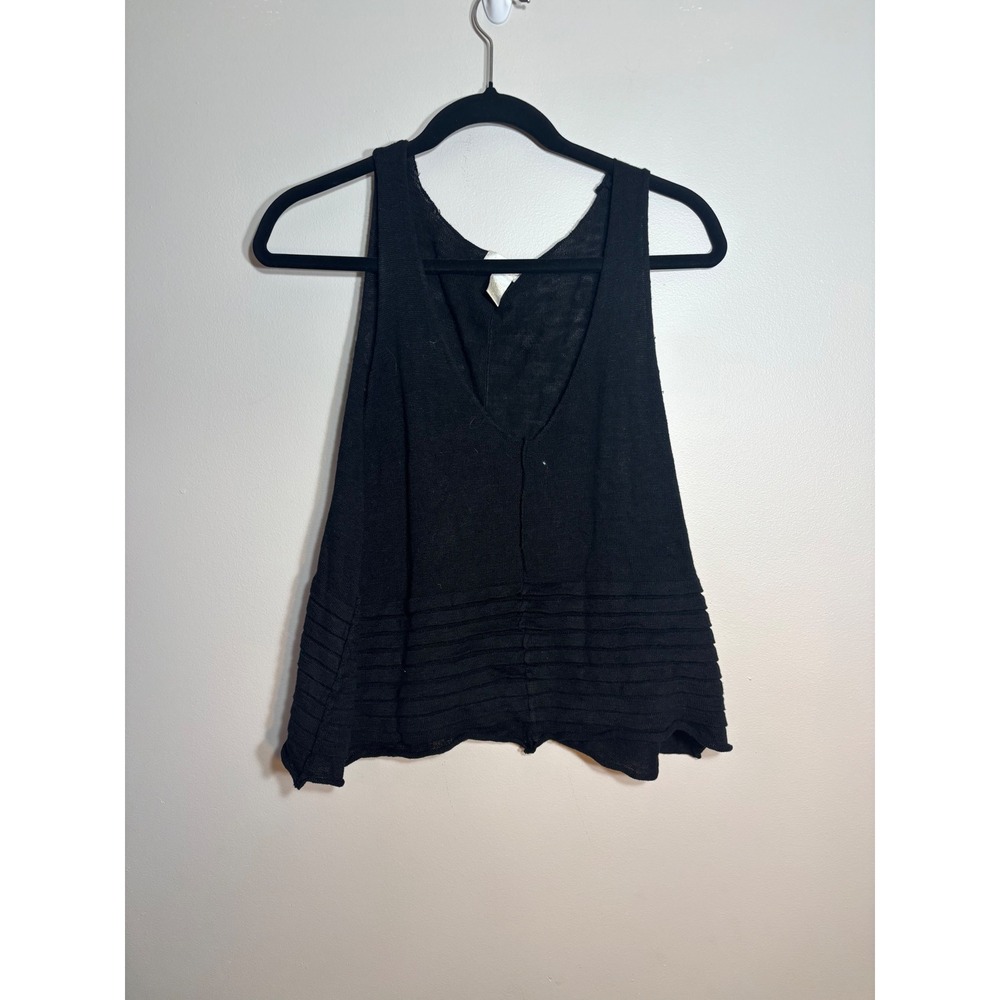 Whitewash Womens Black Linen Cotton Blend V-Neck Knit Tank Top Tiered Hem Medium